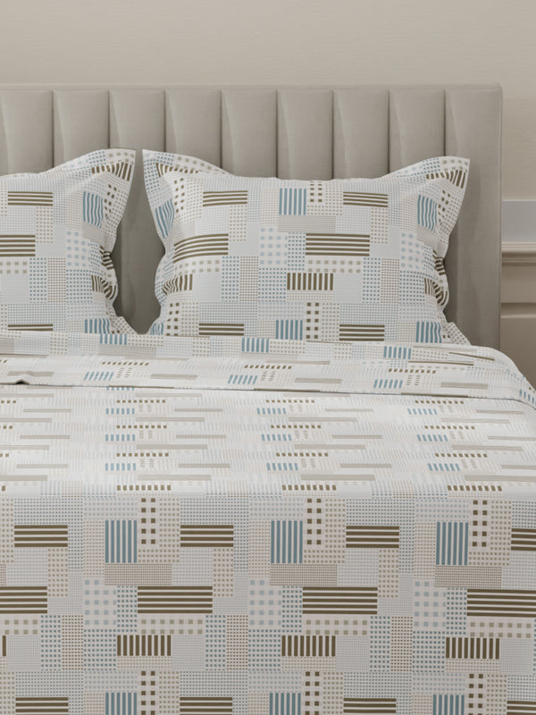 Lumina Floret 100% Cotton 144 TC Blue & Green Geometrical Print King Bedsheet with 2 Pillow Covers