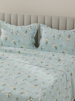 Lumina Floret 100% Cotton 144 TC Blue Floral King Bedsheet with 2 Pillow Covers