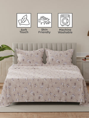 Lumina Floret 100% Cotton 144 TC Purple Floral King Bedsheet with 2 Pillow Covers