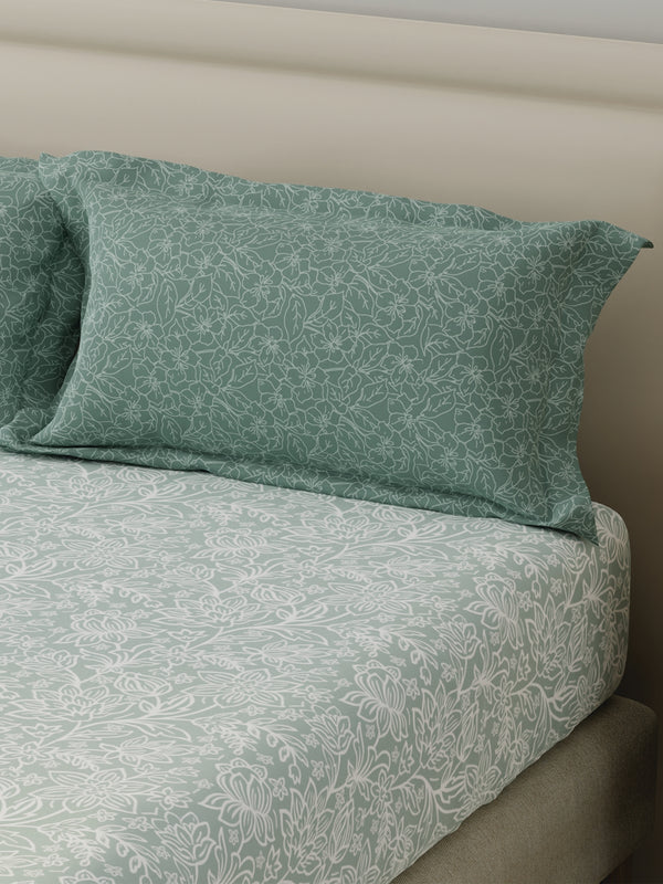 BasicX 100% Cotton 120 TC Grey Floral Double Bedsheet with 2 Pillow Covers