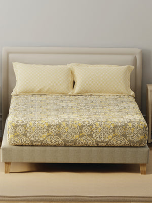 BasicX 100% Cotton 120 TC Yellow & Grey Printed Double Bedsheet with 2 Pillow Covers