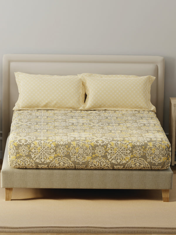 BasicX 100% Cotton 120 TC Yellow & Grey Printed Double Bedsheet with 2 Pillow Covers