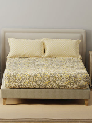 BasicX 100% Cotton 120 TC Yellow & Grey Printed Double Bedsheet with 2 Pillow Covers