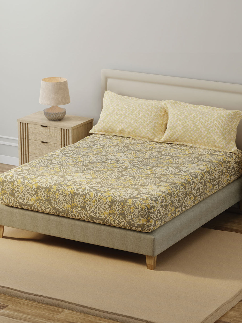 BasicX 100% Cotton 120 TC Yellow & Grey Printed Double Bedsheet with 2 Pillow Covers