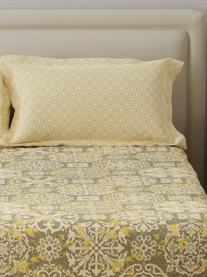 BasicX 100% Cotton 120 TC Yellow & Grey Printed Double Bedsheet with 2 Pillow Covers