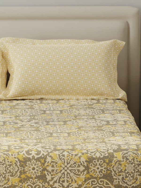 BasicX 100% Cotton 120 TC Yellow & Grey Printed Double Bedsheet with 2 Pillow Covers