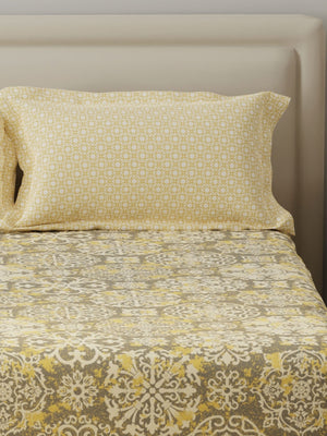 BasicX 100% Cotton 120 TC Yellow & Grey Printed Double Bedsheet with 2 Pillow Covers