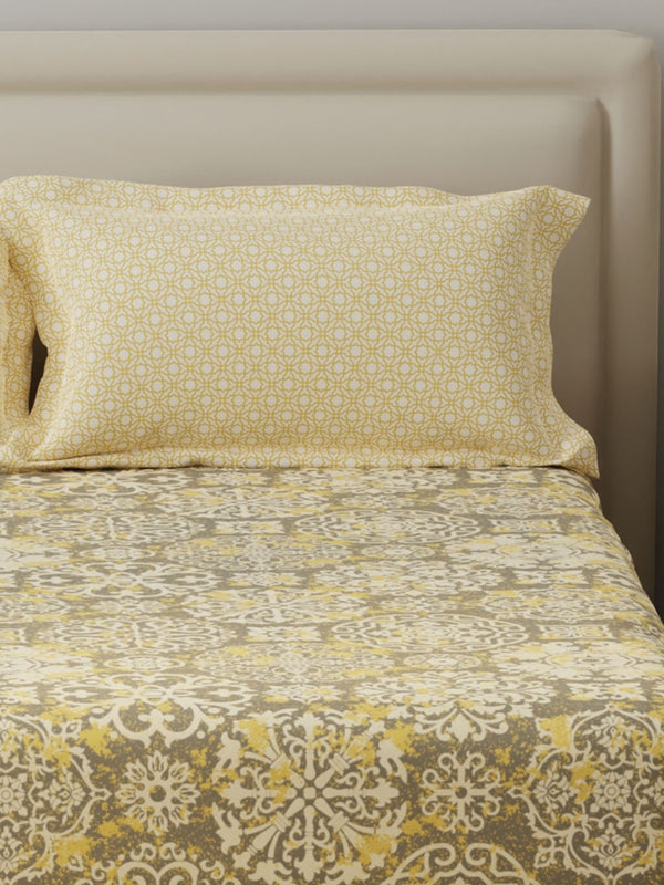 BasicX 100% Cotton 120 TC Yellow & Grey Printed Double Bedsheet with 2 Pillow Covers