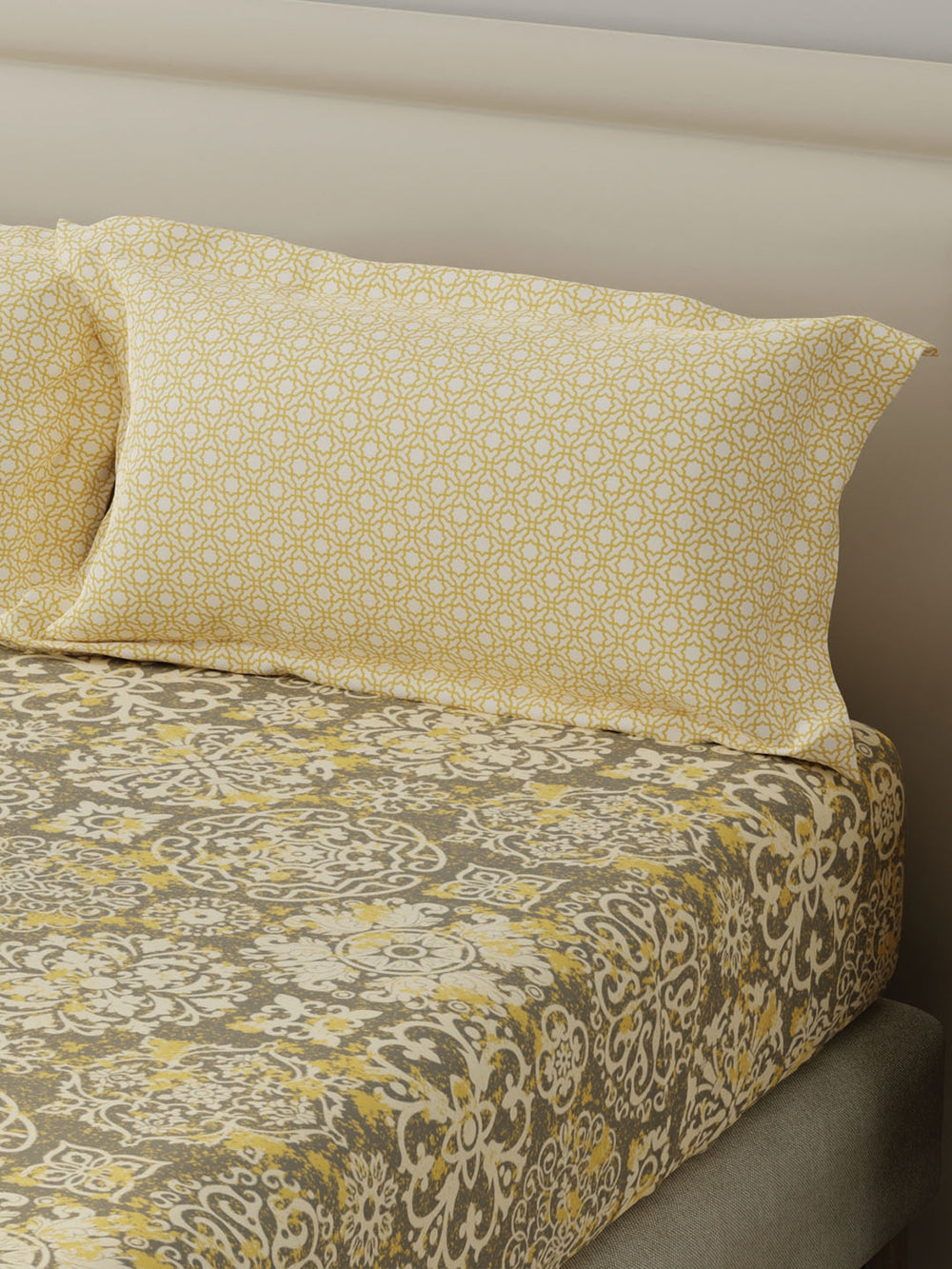 BasicX 100% Cotton 120 TC Yellow & Grey Printed Double Bedsheet with 2 Pillow Covers