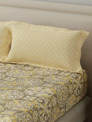 BasicX 100% Cotton 120 TC Yellow & Grey Printed Double Bedsheet with 2 Pillow Covers