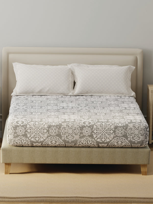 BasicX 100% Cotton 120 TC Grey Printed Double Bedsheet with 2 Pillow Covers