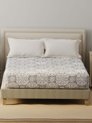 BasicX 100% Cotton 120 TC Grey Printed Double Bedsheet with 2 Pillow Covers