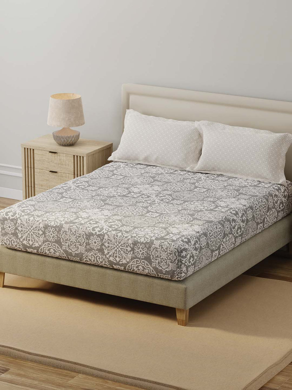 BasicX 100% Cotton 120 TC Grey Printed Double Bedsheet with 2 Pillow Covers