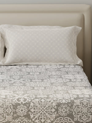 BasicX 100% Cotton 120 TC Grey Printed Double Bedsheet with 2 Pillow Covers