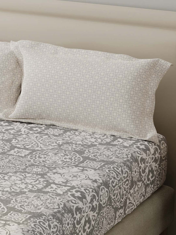 BasicX 100% Cotton 120 TC Grey Printed Double Bedsheet with 2 Pillow Covers