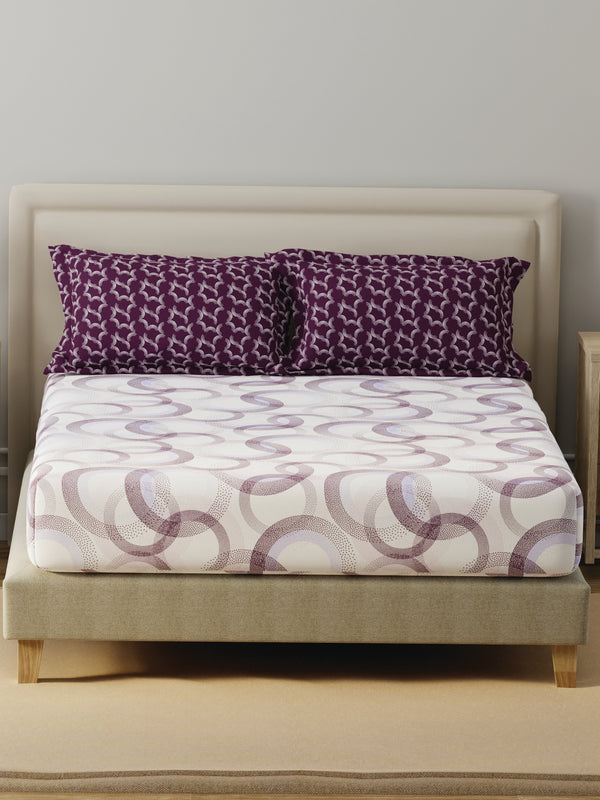 BasicX 100% Cotton 120 TC Purple & White Geometric Double Bedsheet with 2 Pillow Covers