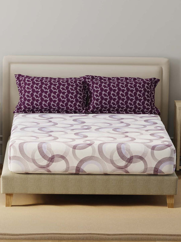 BasicX 100% Cotton 120 TC Purple & White Geometric Double Bedsheet with 2 Pillow Covers