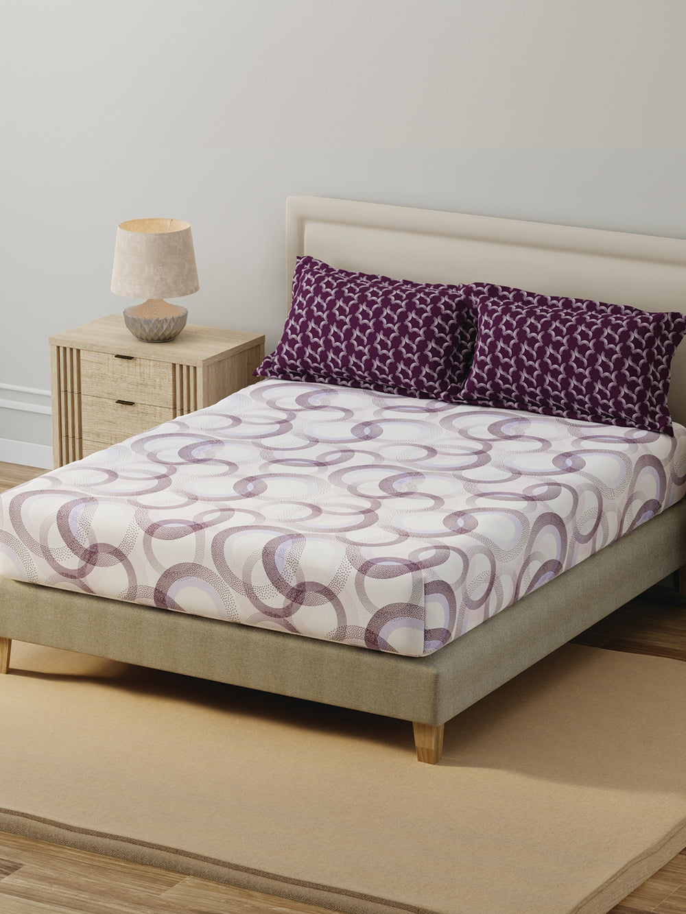 BasicX 100% Cotton 120 TC Purple & White Geometric Double Bedsheet with 2 Pillow Covers