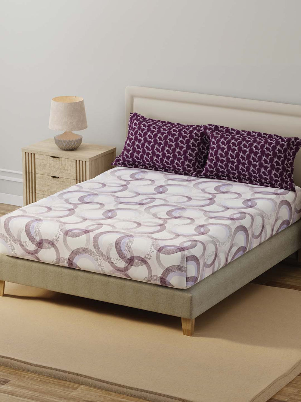 BasicX 100% Cotton 120 TC Purple & White Geometric Double Bedsheet with 2 Pillow Covers