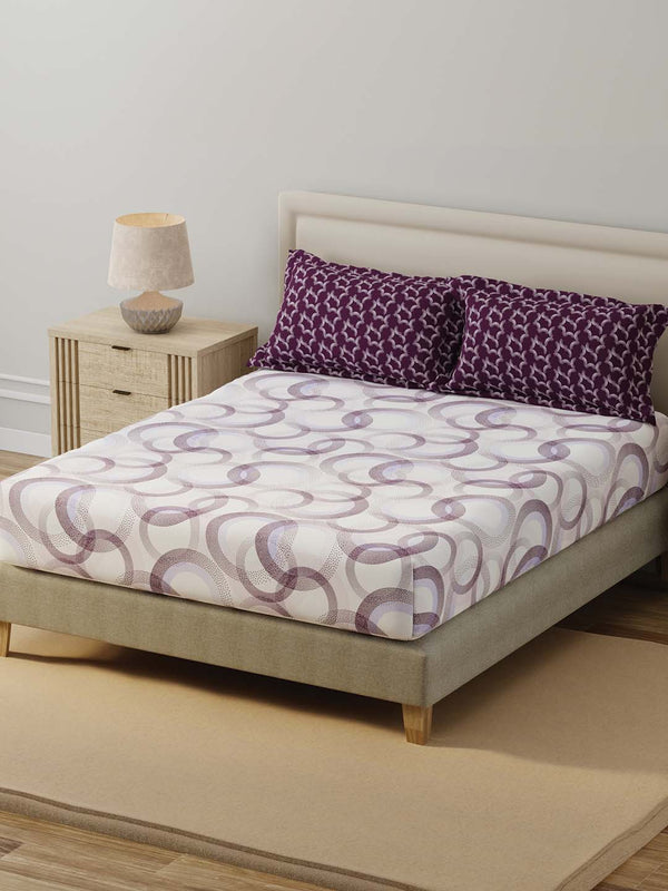 BasicX 100% Cotton 120 TC Purple & White Geometric Double Bedsheet with 2 Pillow Covers