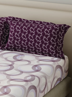 BasicX 100% Cotton 120 TC Purple & White Geometric Double Bedsheet with 2 Pillow Covers