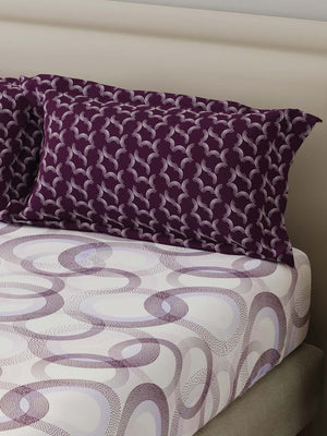 BasicX 100% Cotton 120 TC Purple & White Geometric Double Bedsheet with 2 Pillow Covers