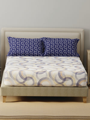 BasicX 100% Cotton 120 TC Blue & White Geometric Double Bedsheet with 2 Pillow Covers