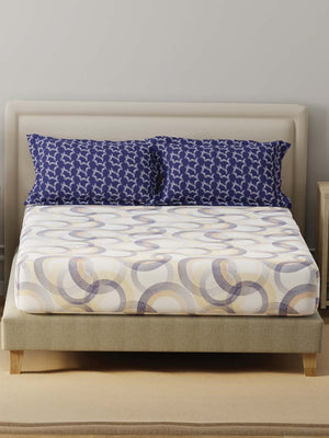 BasicX 100% Cotton 120 TC Blue & White Geometric Double Bedsheet with 2 Pillow Covers