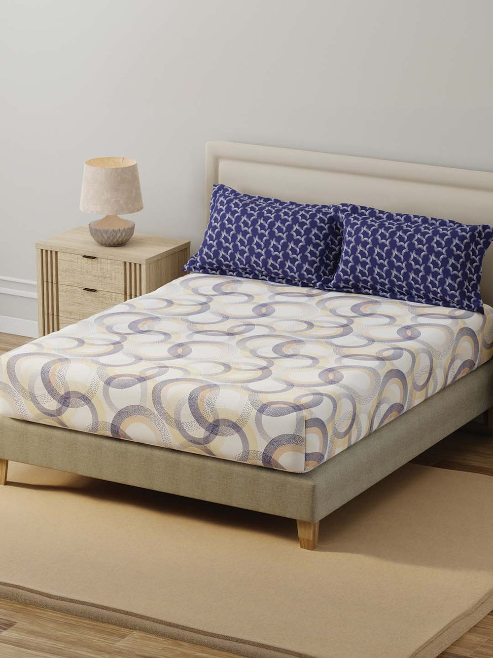 BasicX 100% Cotton 120 TC Blue & White Geometric Double Bedsheet with 2 Pillow Covers