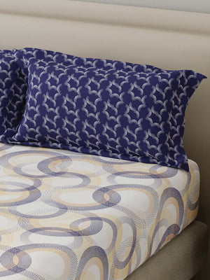 BasicX 100% Cotton 120 TC Blue & White Geometric Double Bedsheet with 2 Pillow Covers