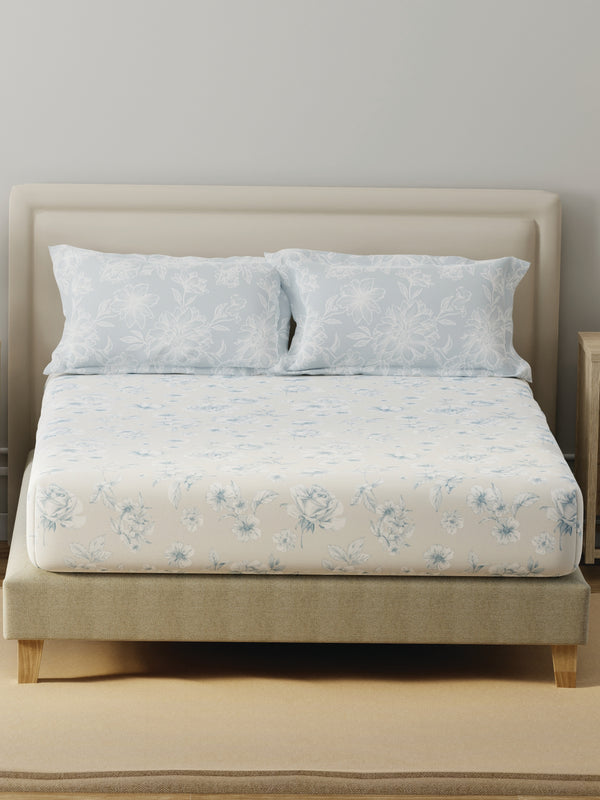 BasicX 100% Cotton 120 TC Blue & Grey Floral Double Bedsheet with 2 Pillow Covers