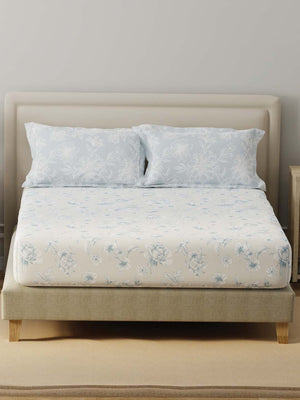 BasicX 100% Cotton 120 TC Blue & Grey Floral Double Bedsheet with 2 Pillow Covers