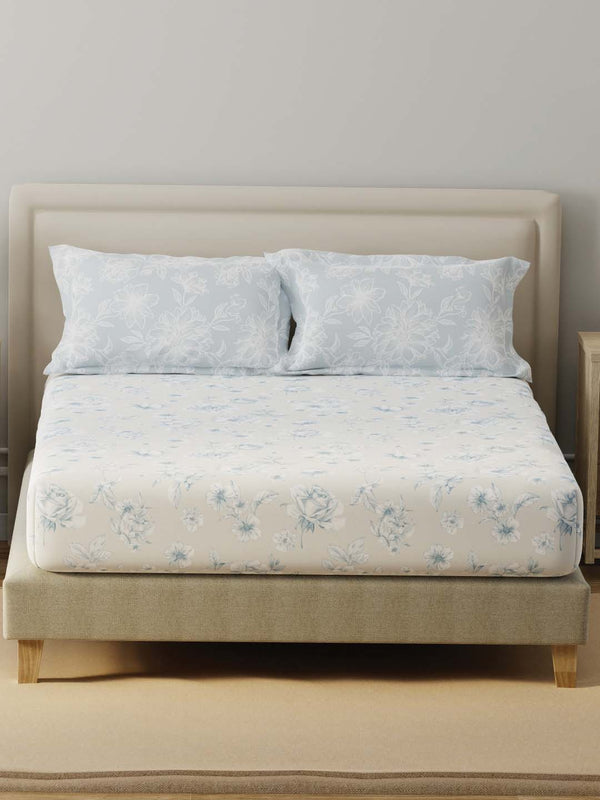 BasicX 100% Cotton 120 TC Blue & Grey Floral Double Bedsheet with 2 Pillow Covers