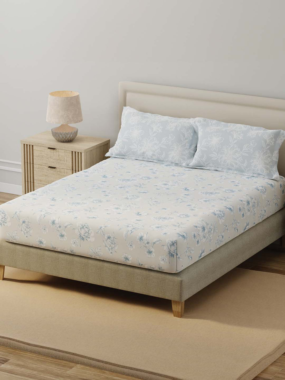 BasicX 100% Cotton 120 TC Blue & Grey Floral Double Bedsheet with 2 Pillow Covers