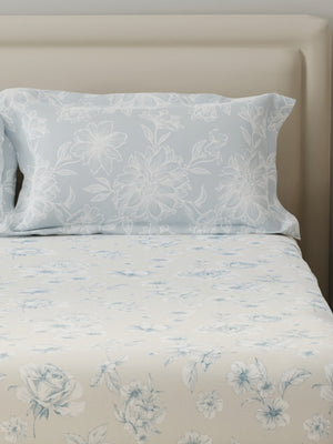 BasicX 100% Cotton 120 TC Blue & Grey Floral Double Bedsheet with 2 Pillow Covers