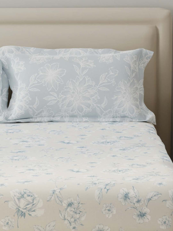 BasicX 100% Cotton 120 TC Blue & Grey Floral Double Bedsheet with 2 Pillow Covers