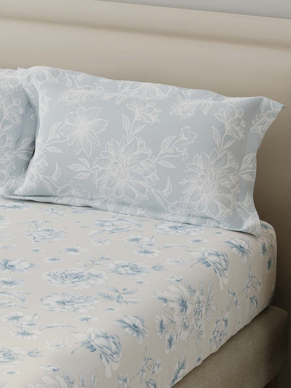 BasicX 100% Cotton 120 TC Blue & Grey Floral Double Bedsheet with 2 Pillow Covers