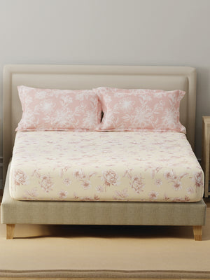 BasicX 100% Cotton 120 TC Cream & Pink Floral Double Bedsheet with 2 Pillow Covers