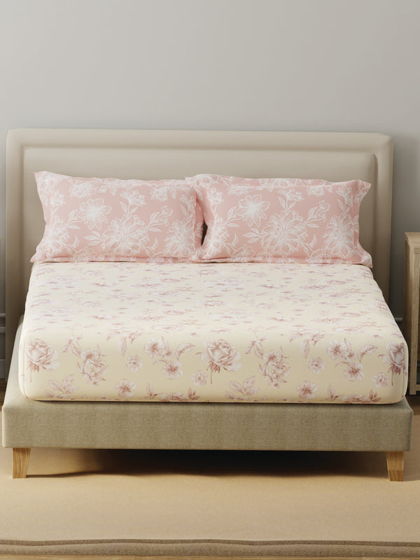 BasicX 100% Cotton 120 TC Cream & Pink Floral Double Bedsheet with 2 Pillow Covers