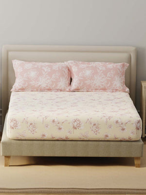 BasicX 100% Cotton 120 TC Cream & Pink Floral Double Bedsheet with 2 Pillow Covers