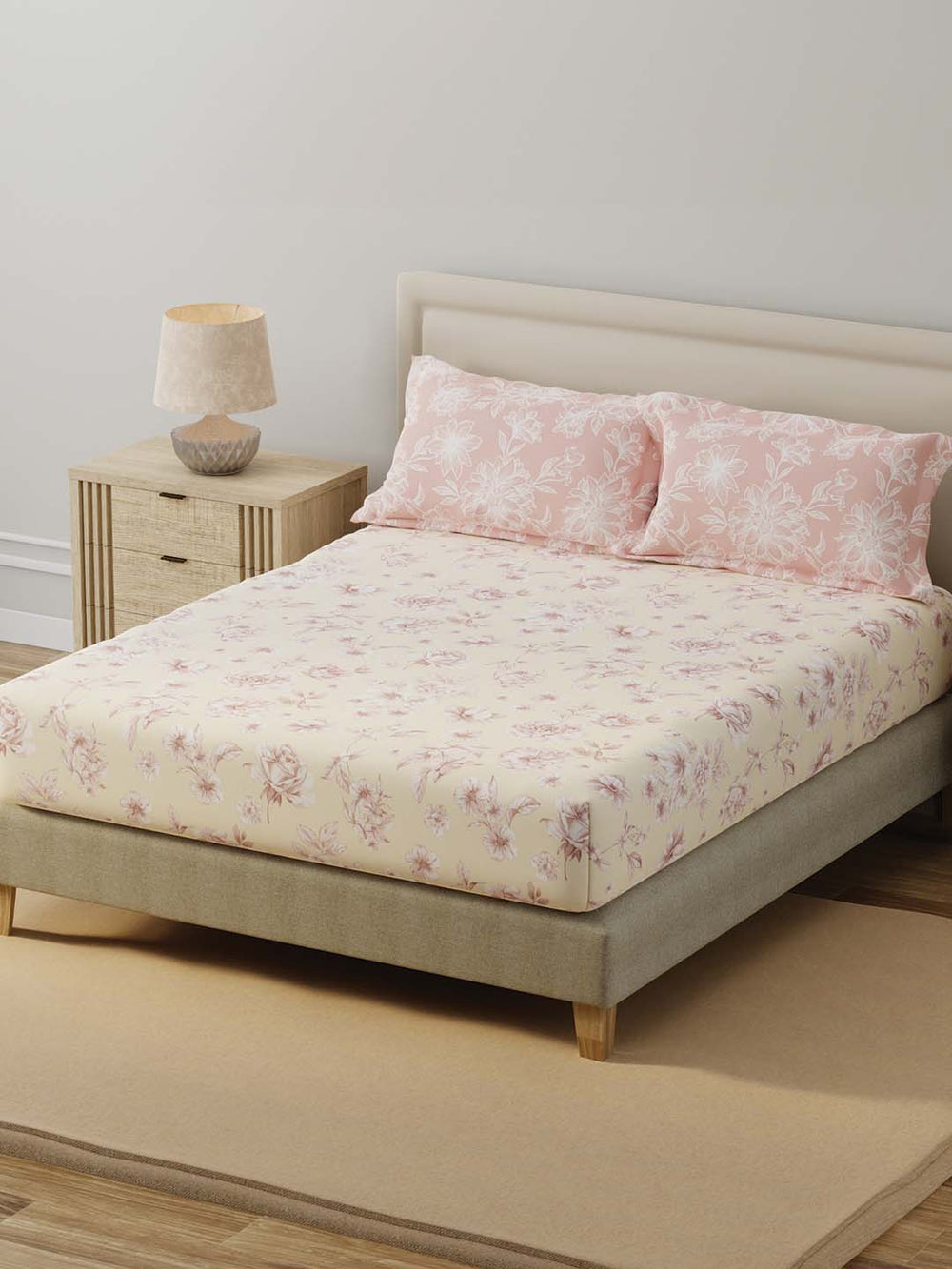 BasicX 100% Cotton 120 TC Cream & Pink Floral Double Bedsheet with 2 Pillow Covers