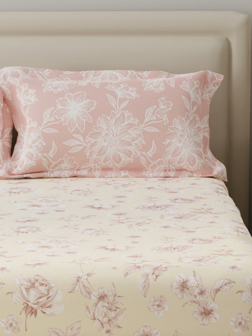 BasicX 100% Cotton 120 TC Cream & Pink Floral Double Bedsheet with 2 Pillow Covers
