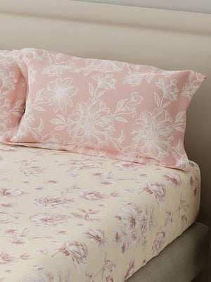 BasicX 100% Cotton 120 TC Cream & Pink Floral Double Bedsheet with 2 Pillow Covers