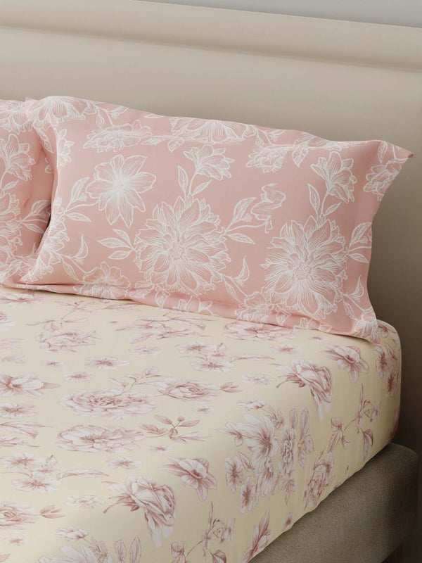 BasicX 100% Cotton 120 TC Cream & Pink Floral Double Bedsheet with 2 Pillow Covers