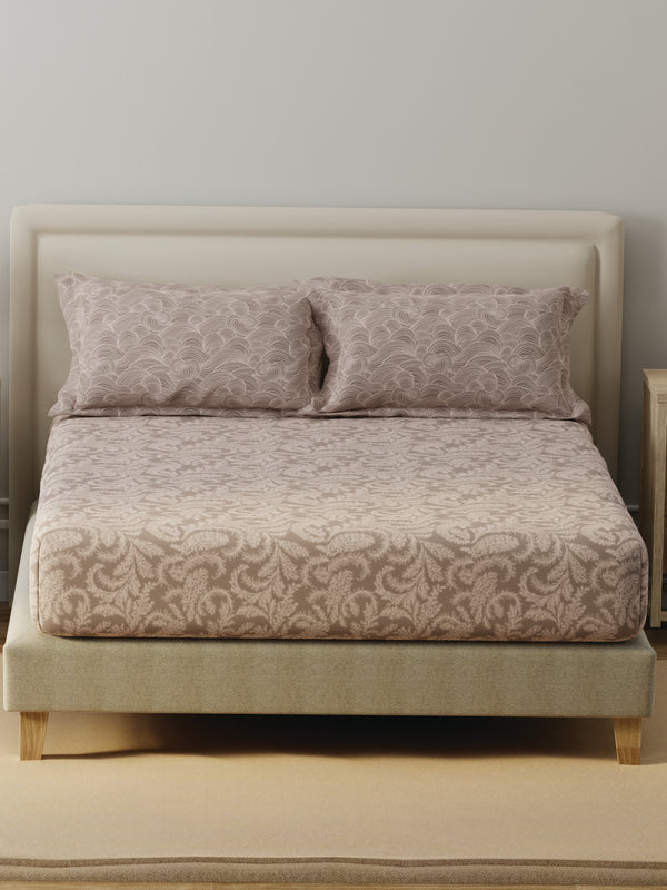 BasicX 100% Cotton 120 TC Beige Printed Double Bedsheet with 2 Pillow Covers