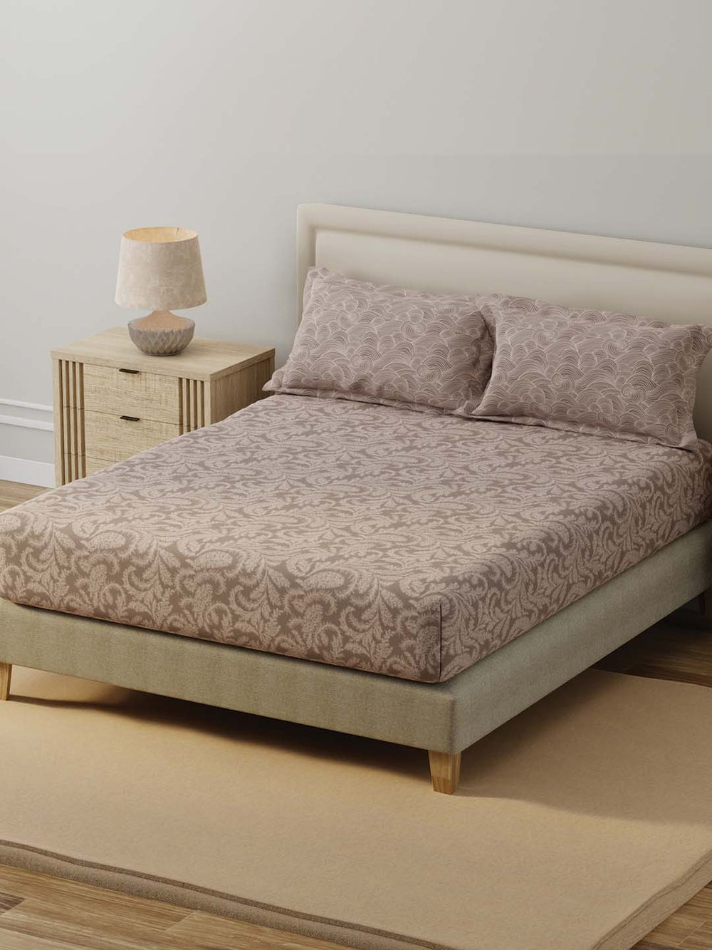 BasicX 100% Cotton 120 TC Beige Printed Double Bedsheet with 2 Pillow Covers