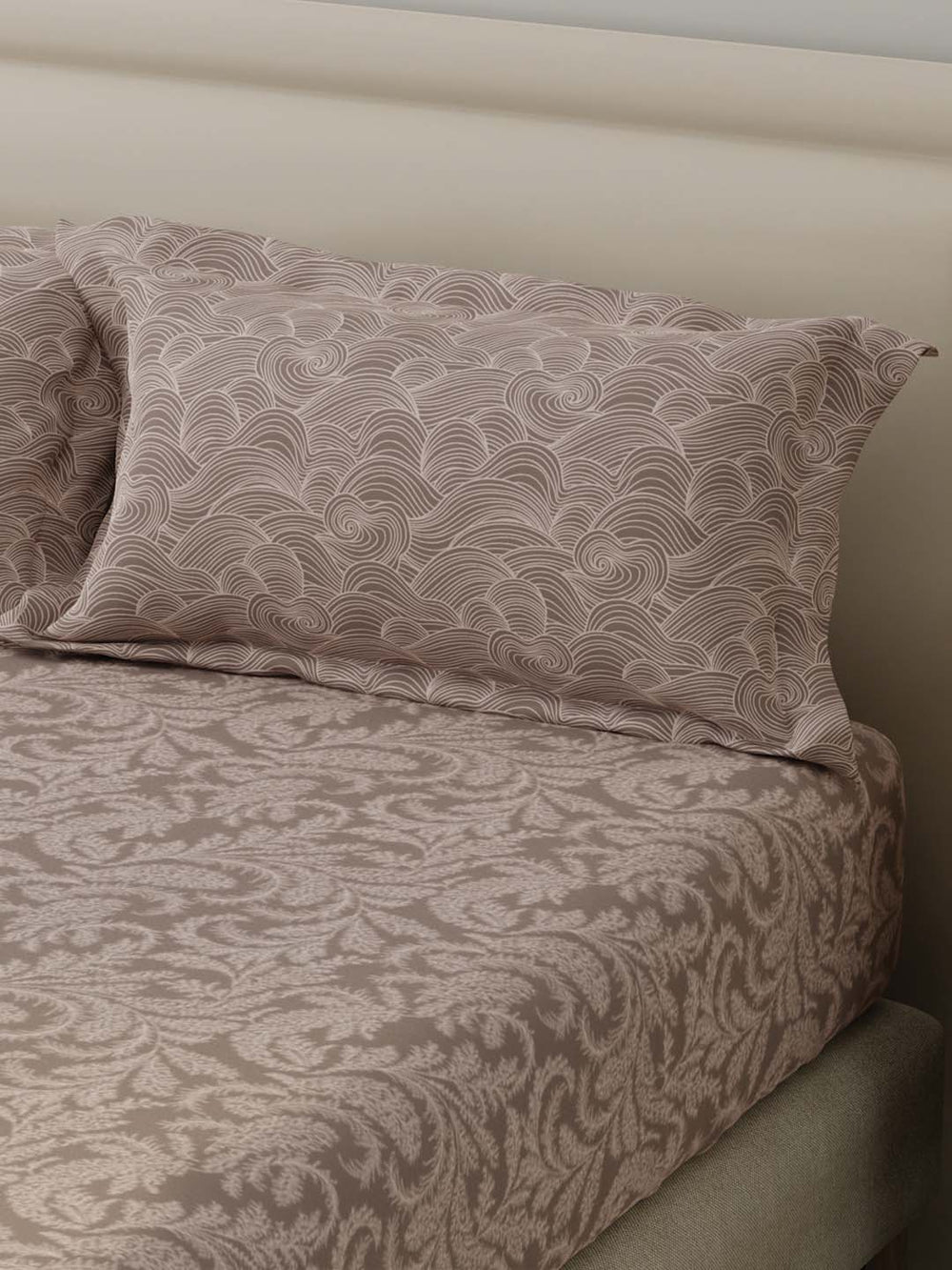 BasicX 100% Cotton 120 TC Beige Printed Double Bedsheet with 2 Pillow Covers