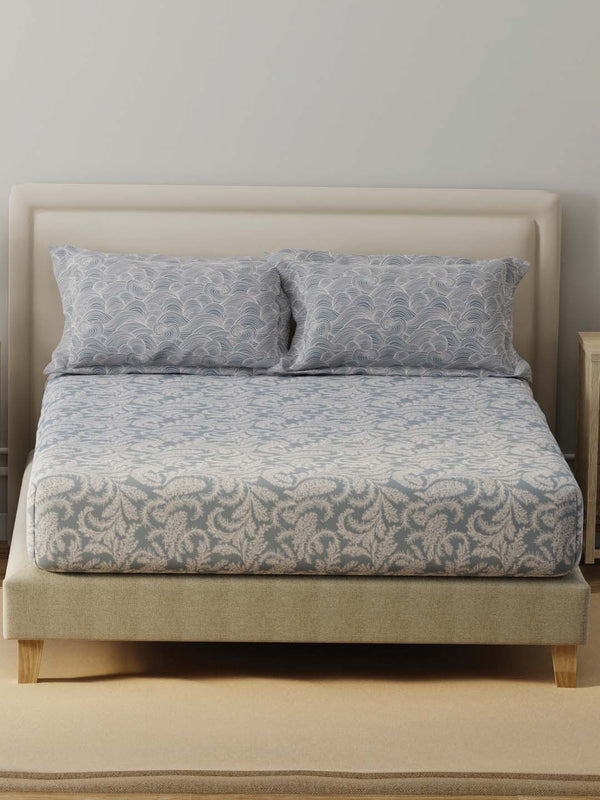 BasicX 100% Cotton 120 TC Grey Printed Double Bedsheet with 2 Pillow Covers