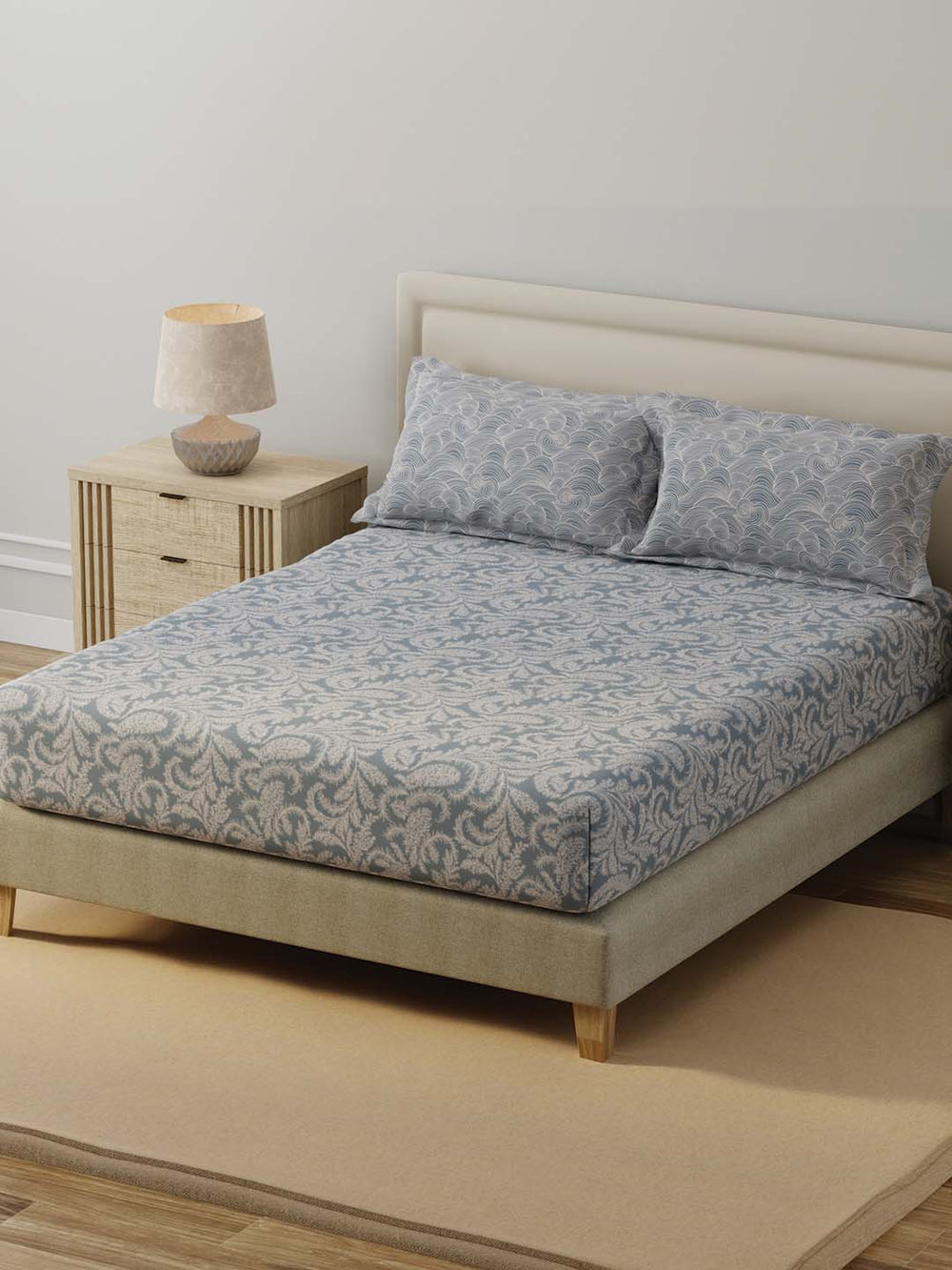 BasicX 100% Cotton 120 TC Grey Printed Double Bedsheet with 2 Pillow Covers