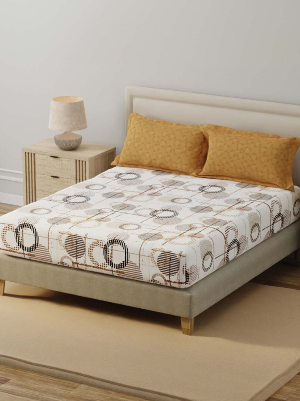 BasicX 100% Cotton 120 TC Yellow & White Geometric Double Bedsheet with 2 Pillow Covers